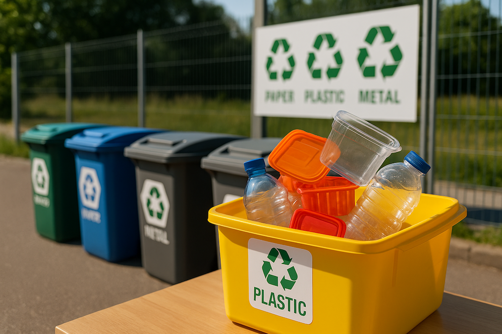 plastförpackningar i återvinningskärl på en återvinningsstation