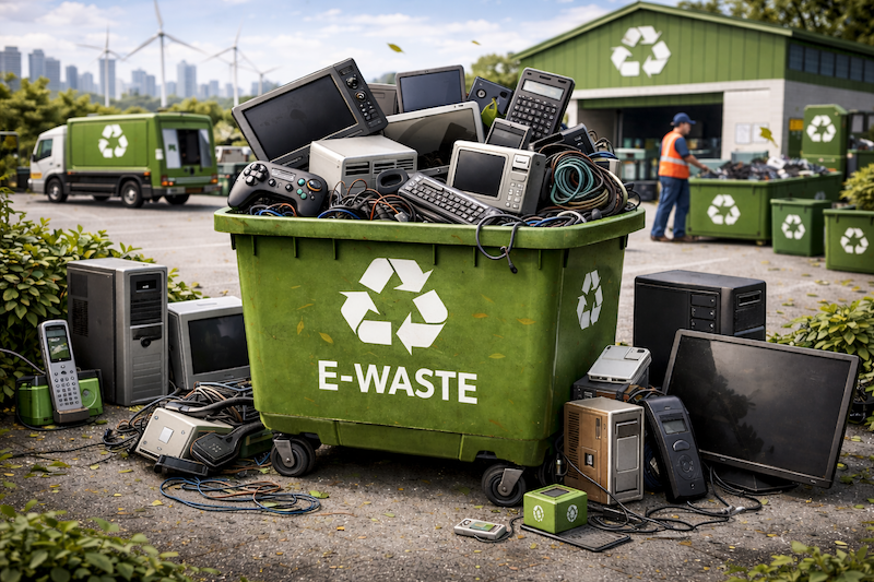 Återvinning av elektroniskt avfall och gammal elektronik – illustration med insamlade elektroniska enheter vid en återvinningsstation för säker hantering och materialåtervinning.